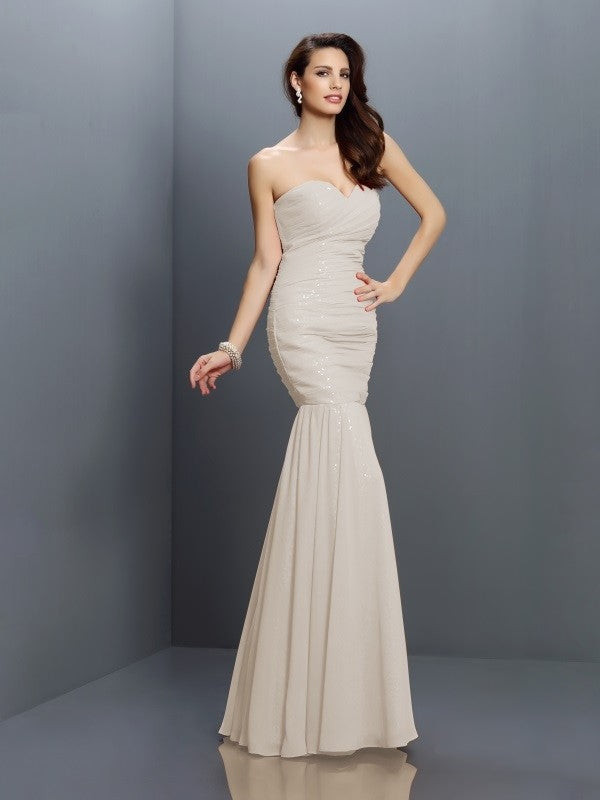 Charming Mermaid Sweetheart Pleats Sleeveless Long Chiffon Bridesmaid Dresses