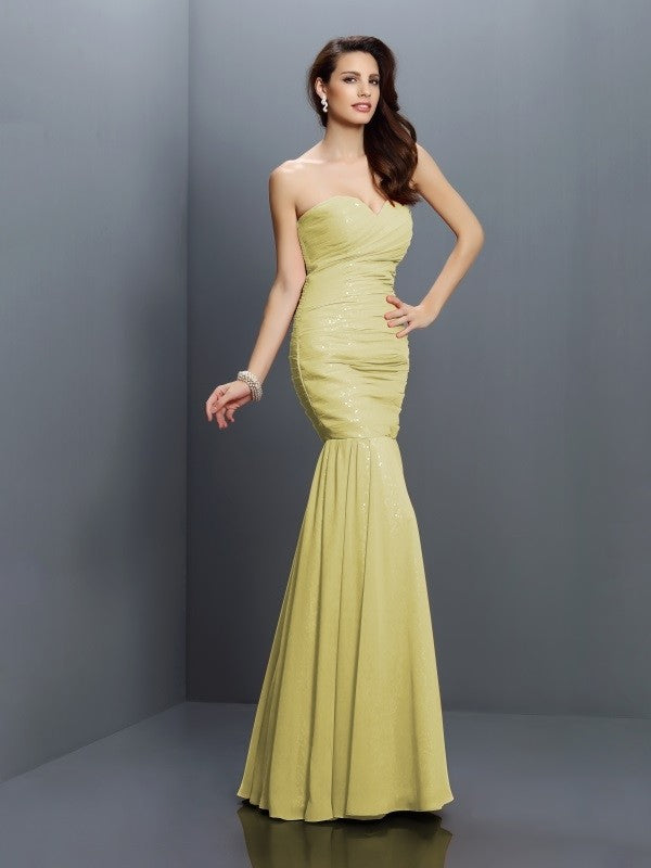 Charming Mermaid Sweetheart Pleats Sleeveless Long Chiffon Bridesmaid Dresses