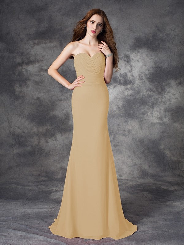 Charming Mermaid Sweetheart Ruched Sleeveless Long Chiffon Bridesmaid Dresses