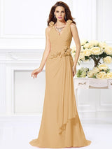 Charming Mermaid V-neck Hand-Made Flower Sleeveless Long Chiffon Bridesmaid Dresses