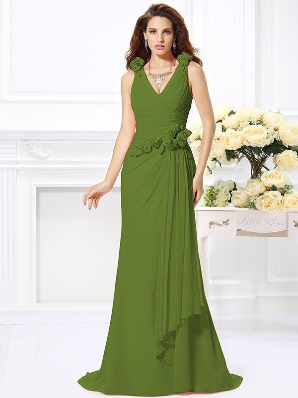 Charming Mermaid V-neck Hand-Made Flower Sleeveless Long Chiffon Bridesmaid Dresses