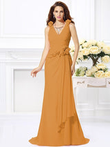 Charming Mermaid V-neck Hand-Made Flower Sleeveless Long Chiffon Bridesmaid Dresses