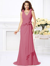 Charming Mermaid V-neck Hand-Made Flower Sleeveless Long Chiffon Bridesmaid Dresses