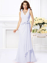 Charming Mermaid V-neck Hand-Made Flower Sleeveless Long Chiffon Bridesmaid Dresses