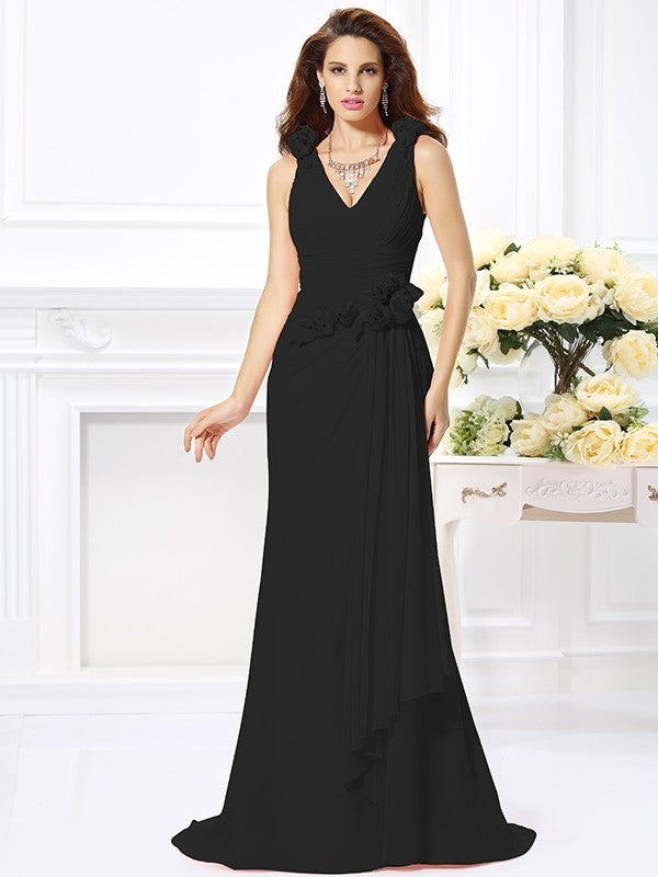 Charming Mermaid V-neck Hand-Made Flower Sleeveless Long Chiffon Bridesmaid Dresses