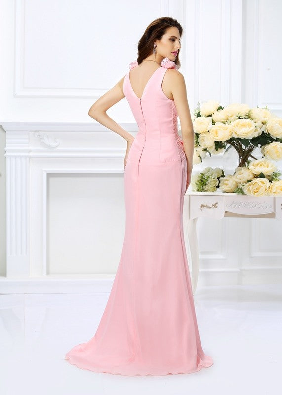 Charming Mermaid V-neck Hand-Made Flower Sleeveless Long Chiffon Bridesmaid Dresses