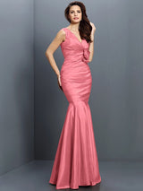 Charming Mermaid V-neck Hand-Made Flower Sleeveless Long Taffeta Bridesmaid Dresses