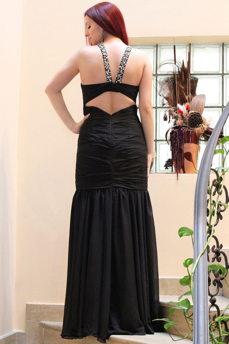 Mermaid Halter Floor Length Chiffon Backless Rhinestone Evening Dress-stylesnuggle