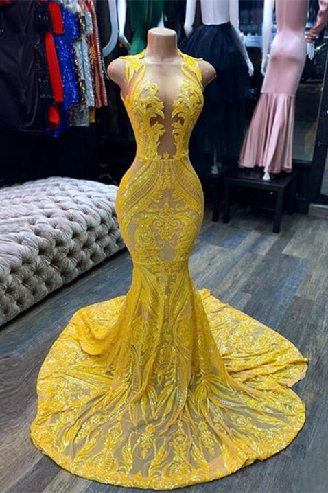 Mermaid Halter Floor-length Sleeveless Open Back Sequined Appliques Lace Prom Dress-stylesnuggle