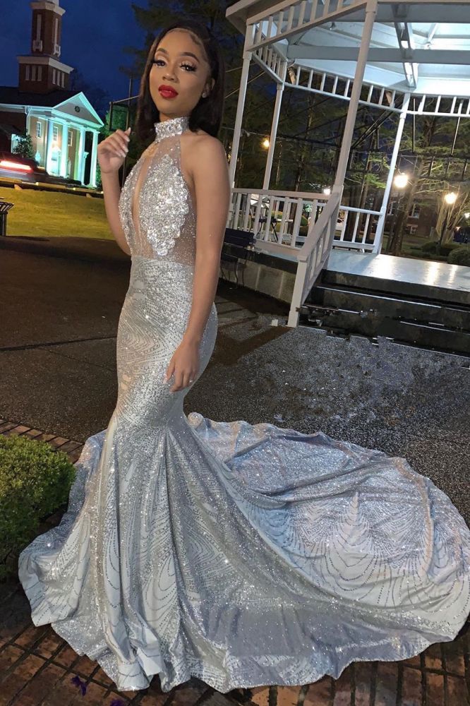 This beautiful Mermaid Halter Sleeveless Floor-Length Prom Party Gowns will contribute to your beauty and make you more attractive in the party. The Halter bodice is fully lined which is soft,  and the Floor-length skirt with to provide a pretty look of Sequined.