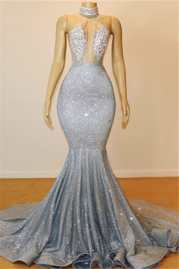 This beautiful Mermaid Halter Sleeveless Floor-Length Prom Party Gowns will contribute to your beauty and make you more attractive in the party. The Halter bodice is fully lined which is soft,  and the Floor-length skirt with to provide a pretty look of Sequined.