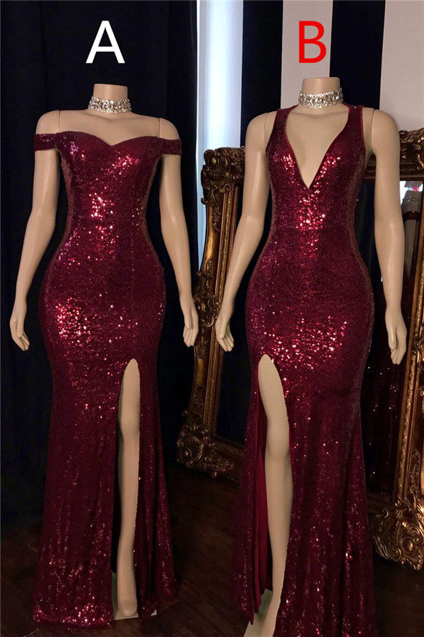 Mermaid Halter-v-neck Or Portrait Front Slit Floor Length Paillette Prom Dress-stylesnuggle