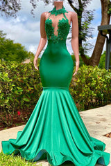 Mermaid High Neck Appliques Lace Sequined Open Back Floor-length Sleeveless Prom Dress-stylesnuggle