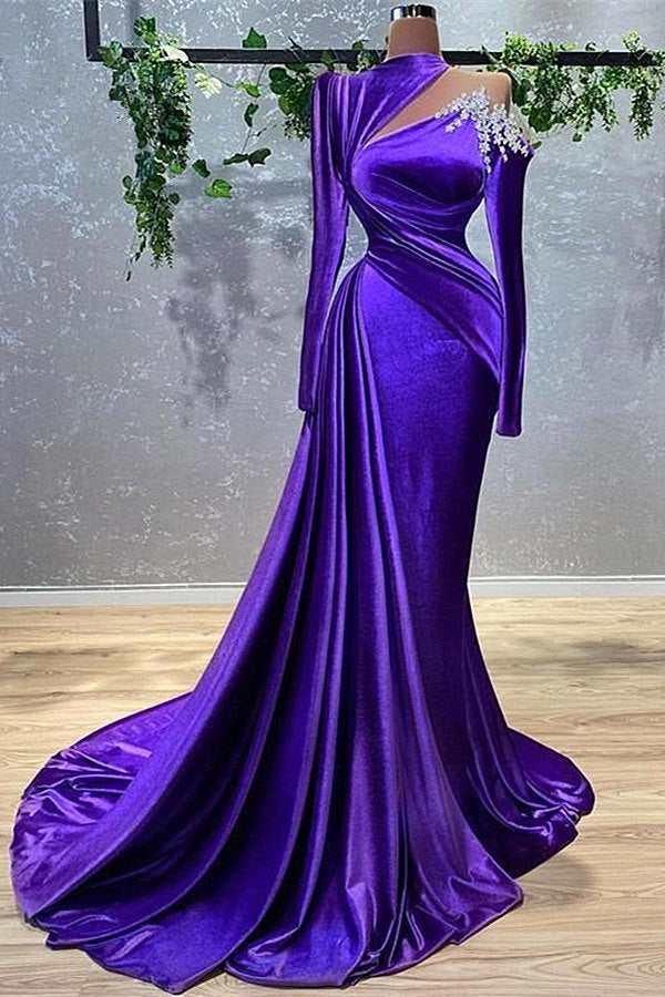 Mermaid High Neck Asymmetrical Floor-length Long Sleeve Flower Prom Dress-stylesnuggle