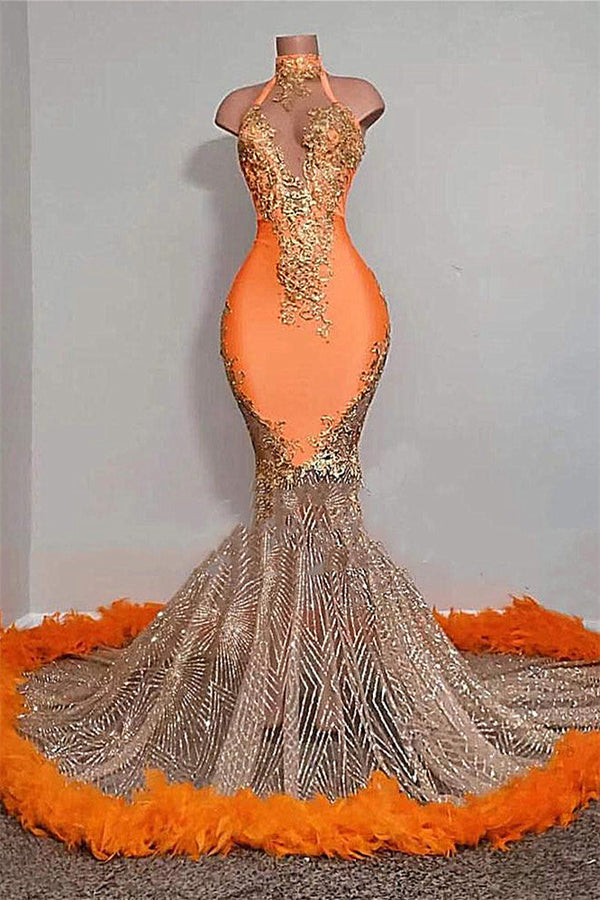 Mermaid High Neck Floor-length Sleeveless Appliques Lace Prom Dress With Feather-stylesnuggle