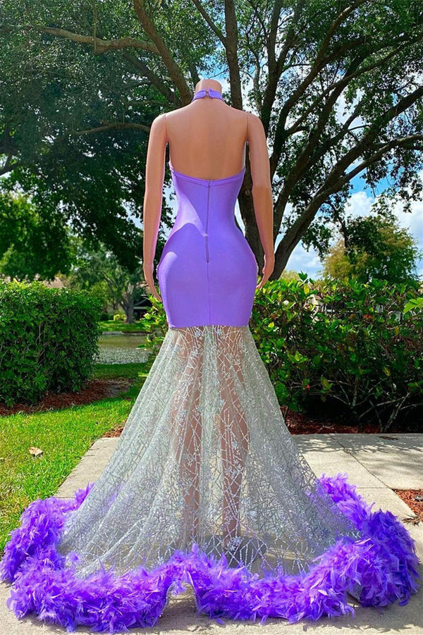 Mermaid High Neck Floor-length Sleeveless Open Back Appliques Lace Beaded Prom Dress With Feather-stylesnuggle