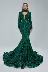 Mermaid High Neck Lace Sequined Floor-length Long Sleeve Elegant Prom Dress-stylesnuggle