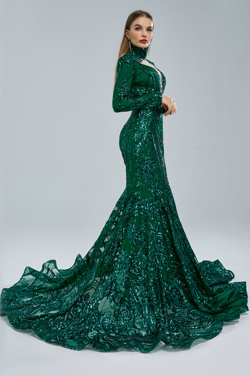 Mermaid High Neck Lace Sequined Floor-length Long Sleeve Elegant Prom Dress-stylesnuggle