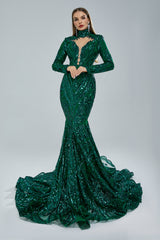 Mermaid High Neck Lace Sequined Floor-length Long Sleeve Elegant Prom Dress-stylesnuggle