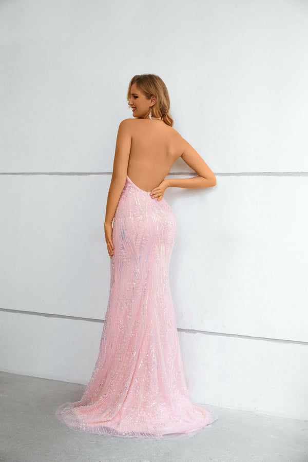 Mermaid High Neck Lace Sequined Floor-length Sleeveless Backless Prom Dress-stylesnuggle