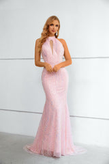 Mermaid High Neck Lace Sequined Floor-length Sleeveless Backless Prom Dress-stylesnuggle