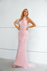 Mermaid High Neck Lace Sequined Floor-length Sleeveless Backless Prom Dress-stylesnuggle