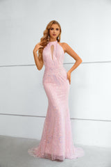 Mermaid High Neck Lace Sequined Floor-length Sleeveless Backless Prom Dress-stylesnuggle