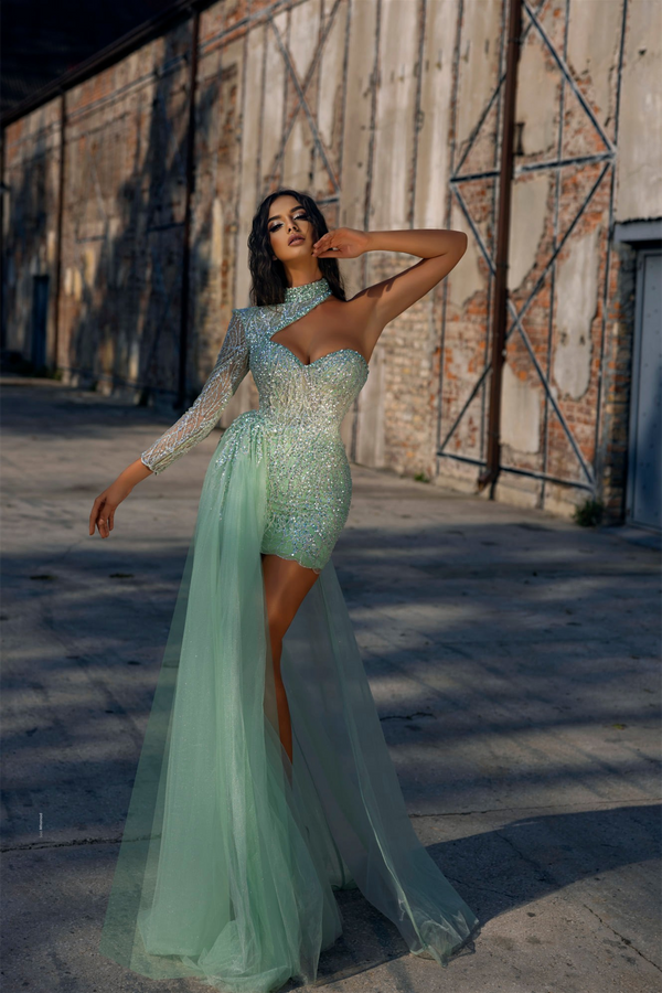 Mermaid High Neck Lace Sequined Mini One Shoulder Beaded Prom Dress With Side Train-stylesnuggle