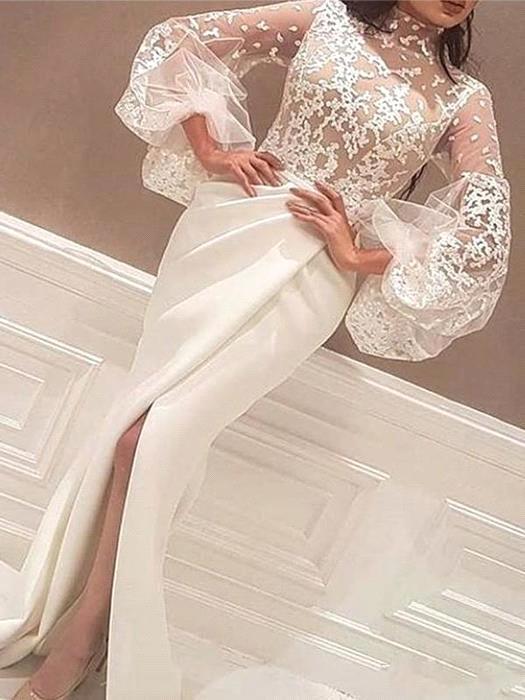 stylesnuggle offers Mermaid High Neck Lace Wedding Dress Satin Long Sleeves Evening Party Dress at a good price from White,Ivory,Blushing Pink,Champagne,Black, Satin to Column Floor-length hem.