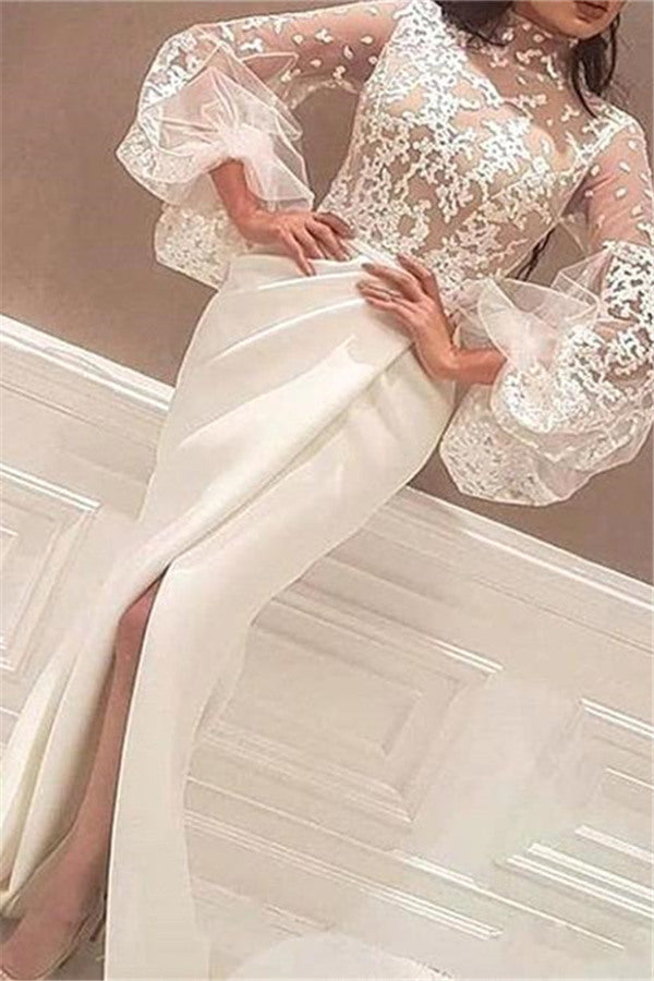 Mermaid High Neck Lace Wedding Dress Satin Long Sleeves Evening Party Dress-stylesnuggle