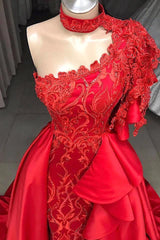 Mermaid High Neck One Shoulder Floor-length Half Sleeve Appliques Lace With Side Train Prom Dress-stylesnuggle