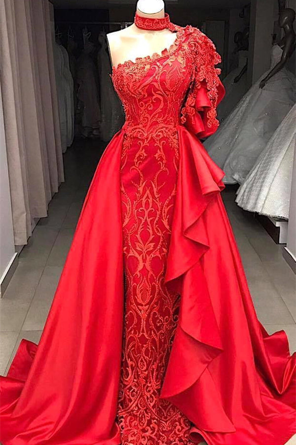 Mermaid High Neck One Shoulder Floor-length Half Sleeve Appliques Lace With Side Train Prom Dress-stylesnuggle