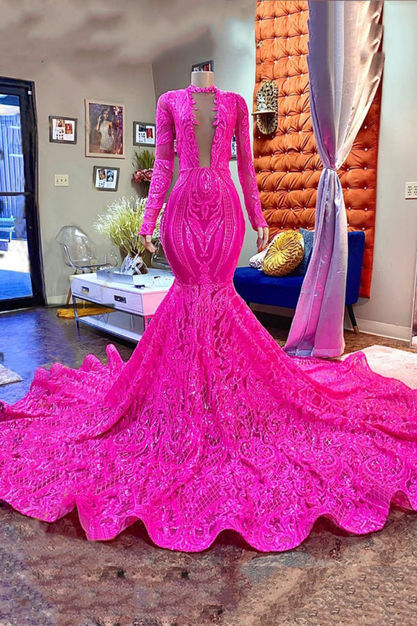 Mermaid High Neck Sequined Floor-length Long Sleeve Appliques Lace Prom Dress-stylesnuggle