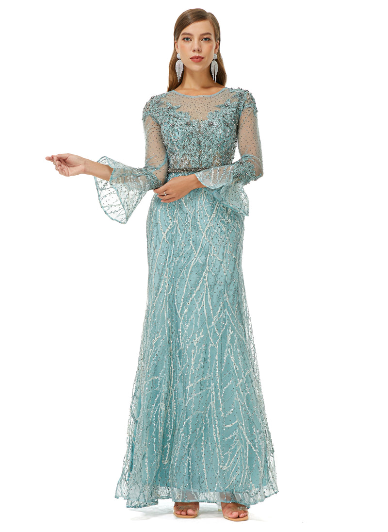 Mermaid Jewel Lace Sequined Ankle Lengt Long Sleeve Prom Dress-stylesnuggle