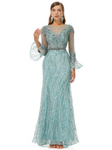 Mermaid Jewel Lace Sequined Ankle Lengt Long Sleeve Prom Dress-stylesnuggle