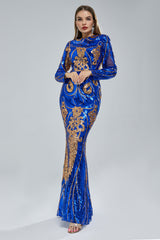 Mermaid Jewel Lace Sequined Floor-length Long Sleeve Detachable Train Elegant Prom Dress-stylesnuggle