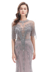 Mermaid Jewel Sequined Floor-length Half Sleeves Beading Prom Dress-stylesnuggle