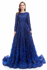 Mermaid Jewel Sequined Floor-length Long Sleeve With Feather Prom Dress-stylesnuggle