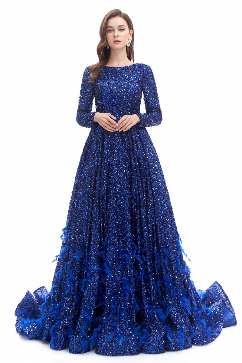 Mermaid Jewel Sequined Floor-length Long Sleeve With Feather Prom Dress-stylesnuggle