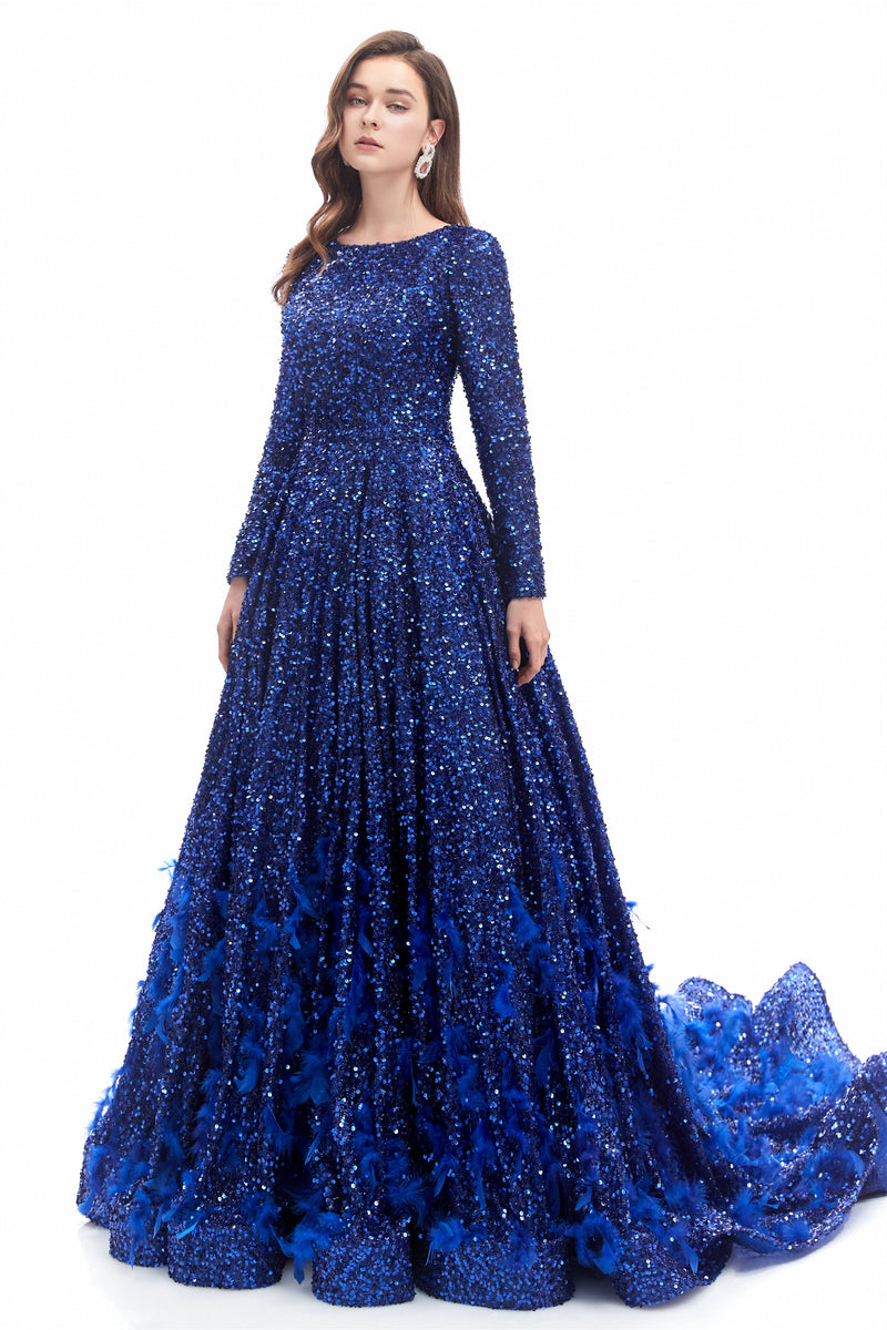 Mermaid Jewel Sequined Floor-length Long Sleeve With Feather Prom Dress-stylesnuggle