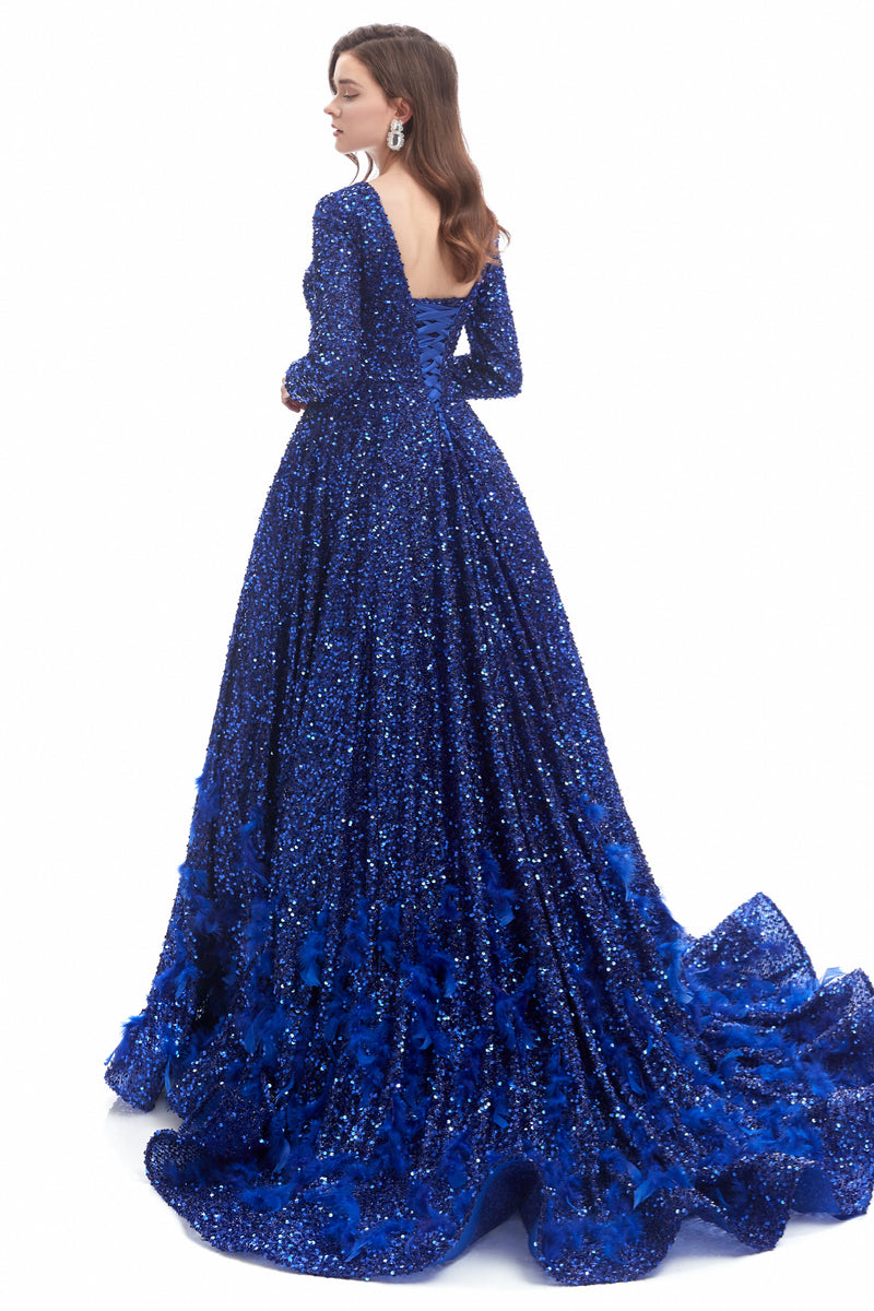 Mermaid Jewel Sequined Floor-length Long Sleeve With Feather Prom Dress-stylesnuggle