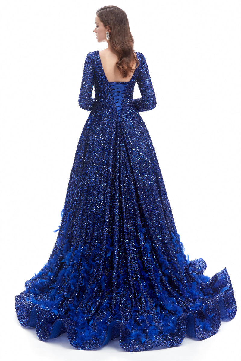 Mermaid Jewel Sequined Floor-length Long Sleeve With Feather Prom Dress-stylesnuggle