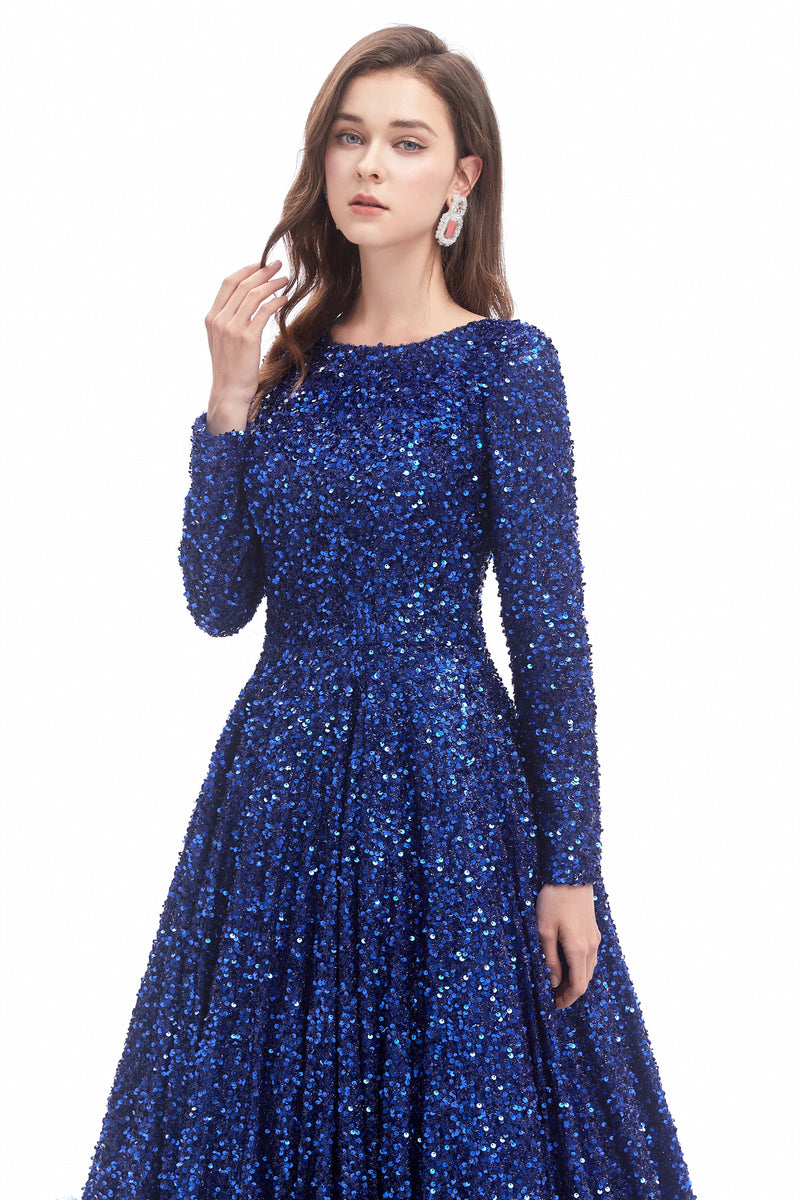 Mermaid Jewel Sequined Floor-length Long Sleeve With Feather Prom Dress-stylesnuggle