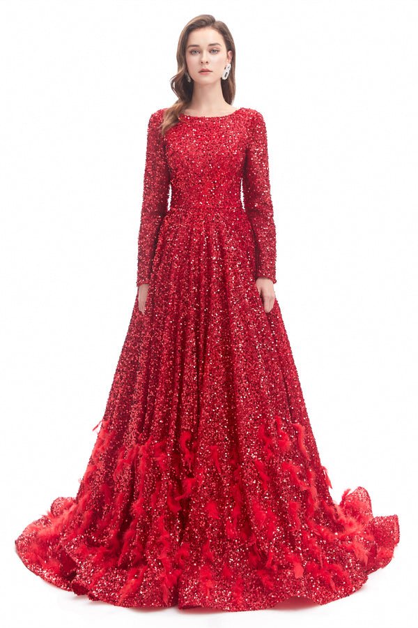 Mermaid Jewel Sequined Floor-length Long Sleeve With Feather Prom Dress-stylesnuggle