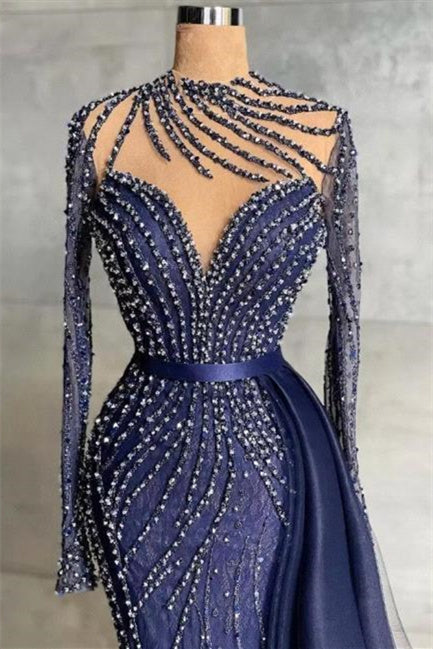 Mermaid Jewel With Side Train Floor-length Long Sleeve Beading Sequined Lace With Side Train Prom Dress-stylesnuggle