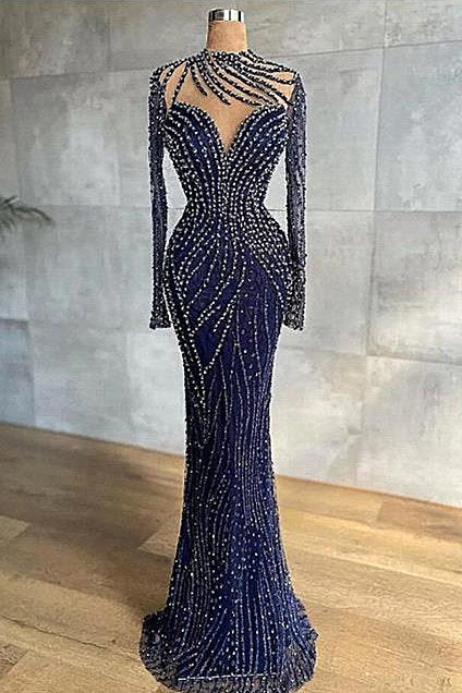 Mermaid Jewel With Side Train Floor-length Long Sleeve Beading Sequined Lace With Side Train Prom Dress-stylesnuggle