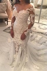 Mermaid Lace Appliques Modern Tulle Wedding Dress Long Sleeves Bride Dress With Long Train-stylesnuggle