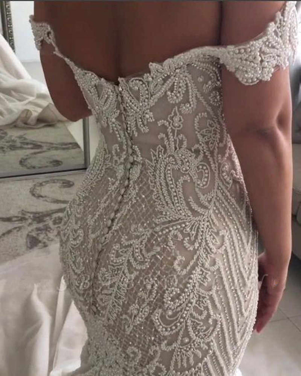 Mermaid Off-the-shoulder Floor Length Applique Beading Wedding Dress-stylesnuggle