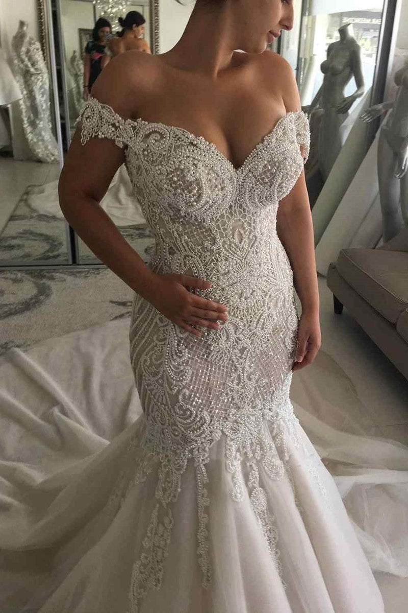 Mermaid Off-the-shoulder Floor Length Applique Beading Wedding Dress-stylesnuggle