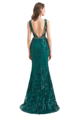 Mermaid Round Beaded Sleeveless Lace Sequined Floor-length Open Back Prom Dress-stylesnuggle